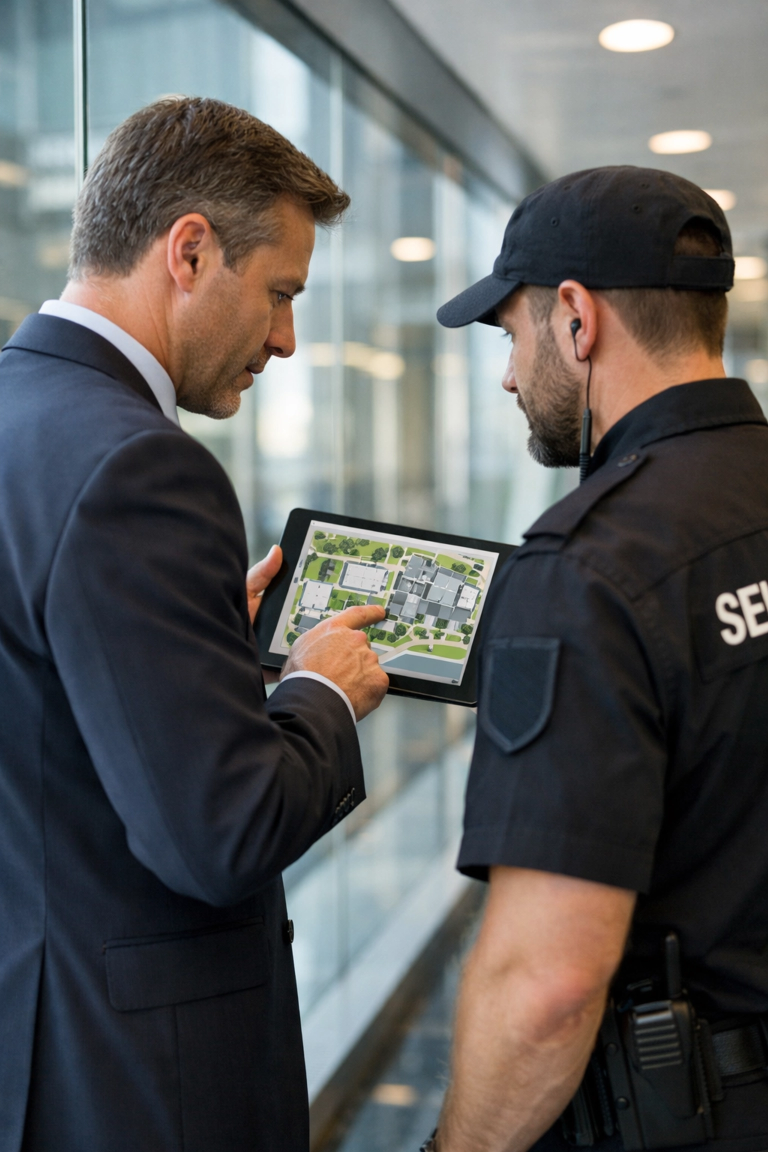 Professional security management and officer conducting personal supervision in a London office.