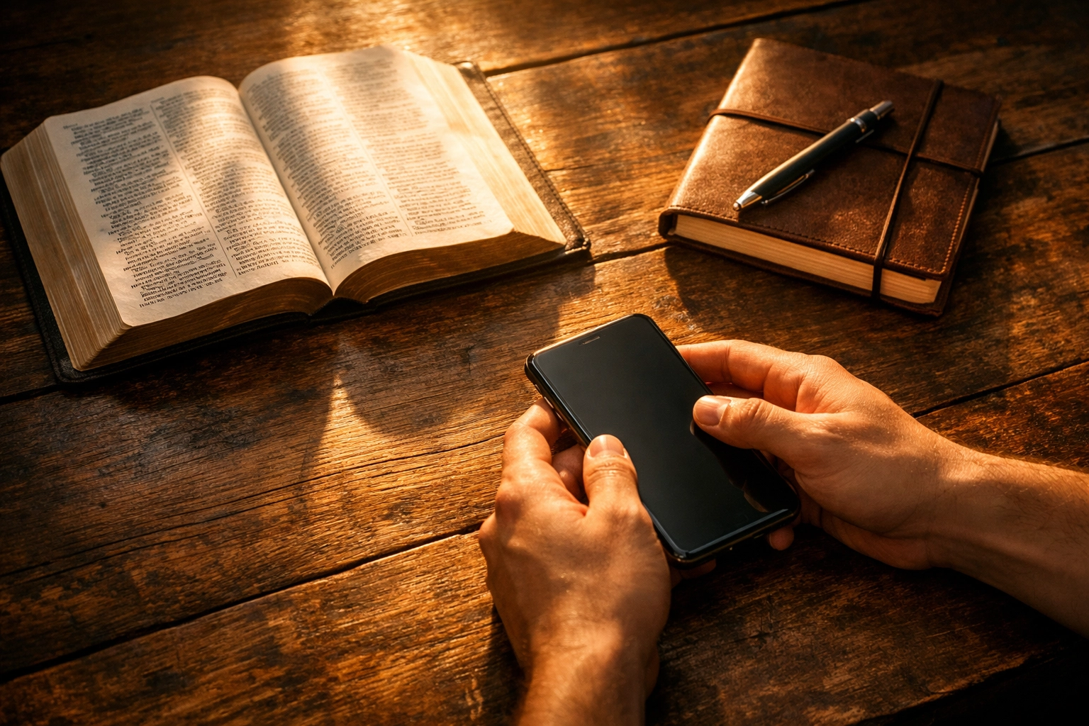 Bible and journal beside face-down phone showing choice of stillness over digital noise