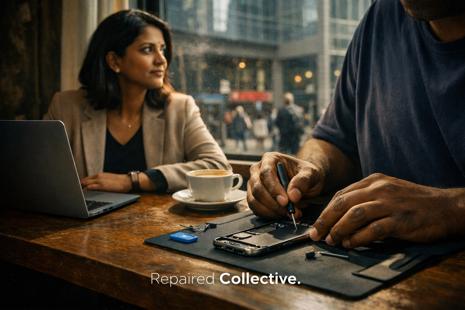 Mobile phone repair downtown Brooklyn: technician fixing a smartphone screen in a local MetroTech cafe.