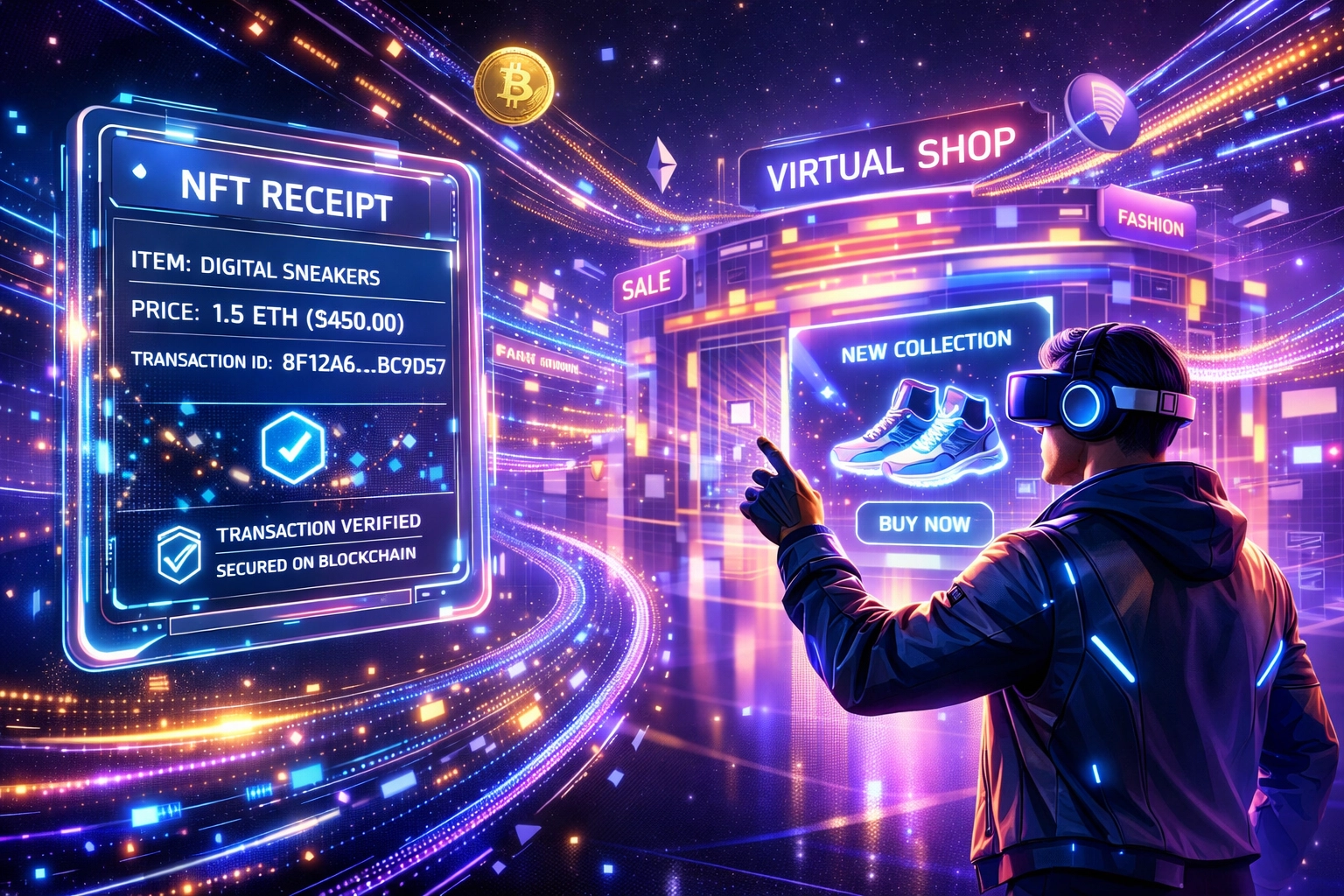 VR shopping in metaverse with NFT receipt and crypto wallet checkout interface