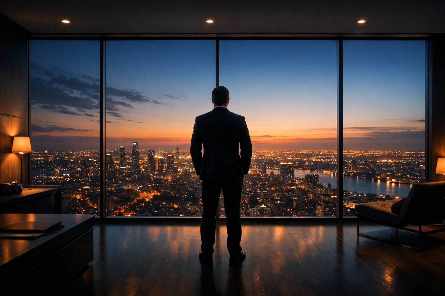 Business leader overlooking a city at dusk, symbolizing Dakdan Worldwide’s global reach and international consulting scale.