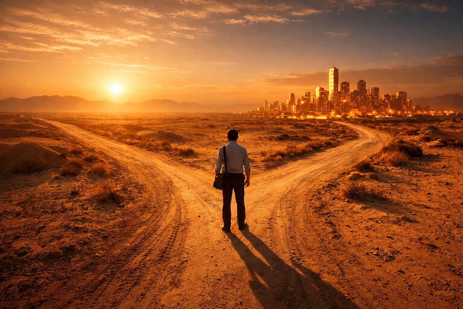 Professional standing at crossroads in desert, facing the challenge of building an insurance career alone