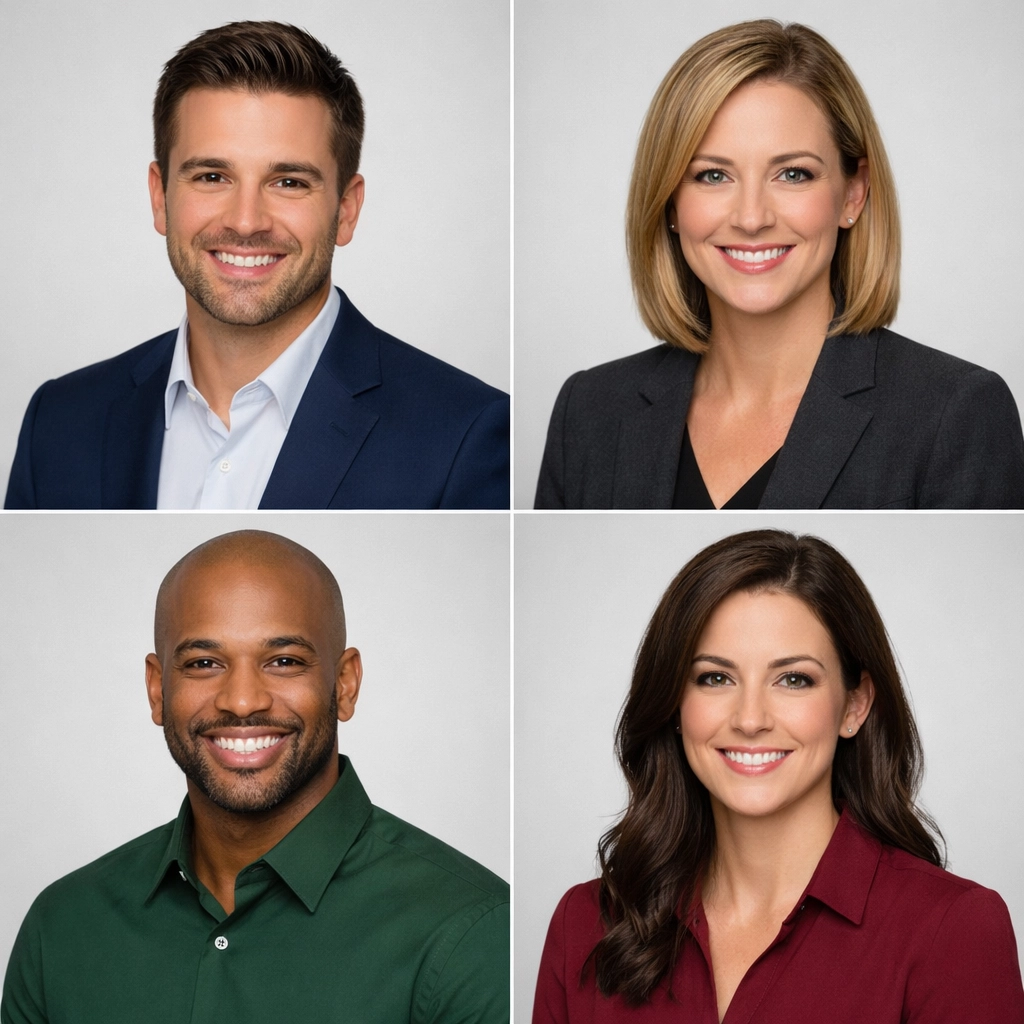 Uniform professional corporate headshots for a company team page showing consistent backgrounds.