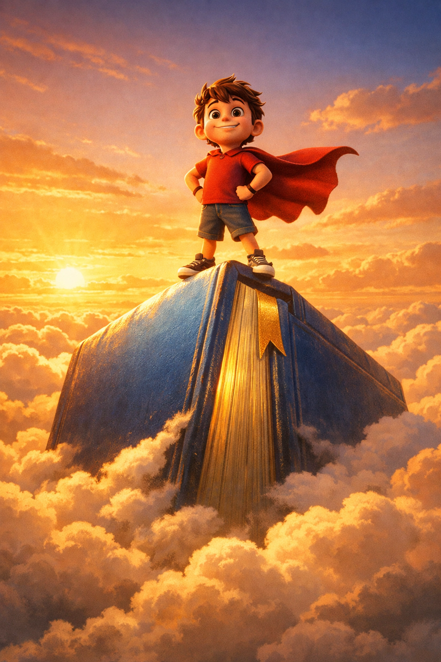 A triumphant boy stands on a giant book mountain, celebrating a win for a reluctant reader.