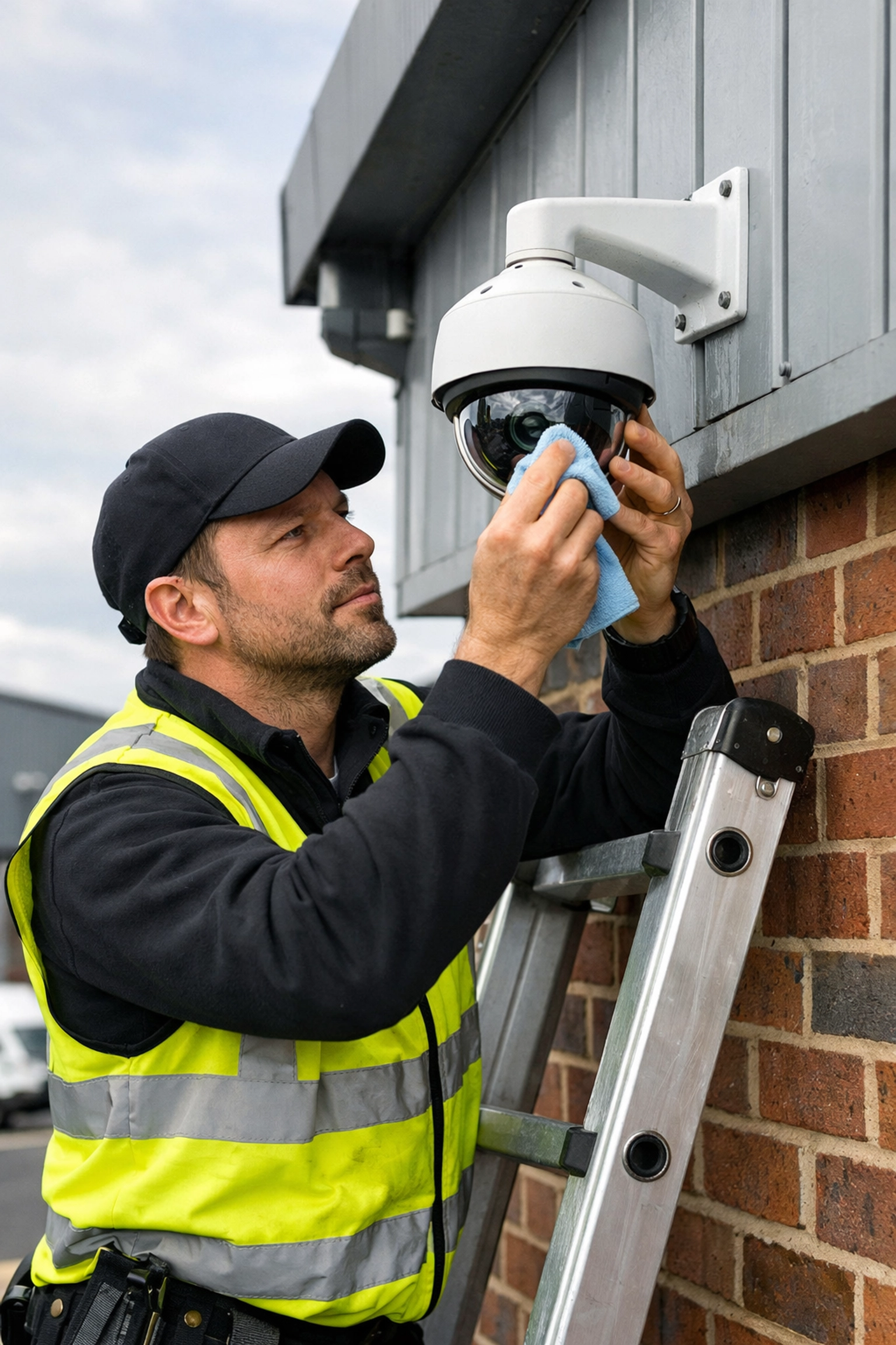 Professional security technician cleaning a commercial CCTV camera lens during a maintenance visit.