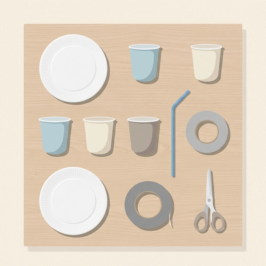 DIY waterwheel materials including paper plates, cups, straw, tape, and scissors arranged before assembly