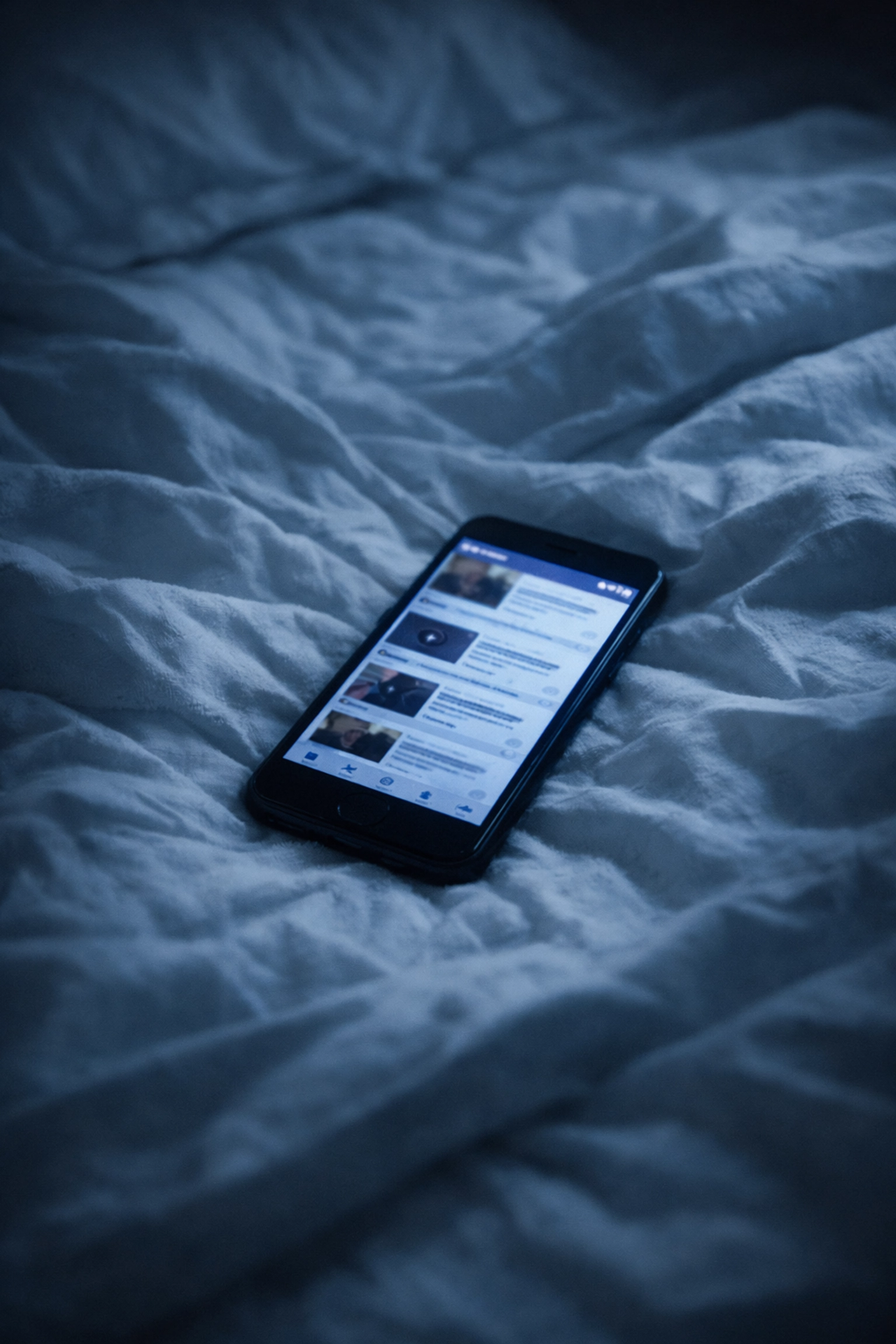 Smartphone displaying social media feed on bed sheets in early morning light showing doomscrolling habit