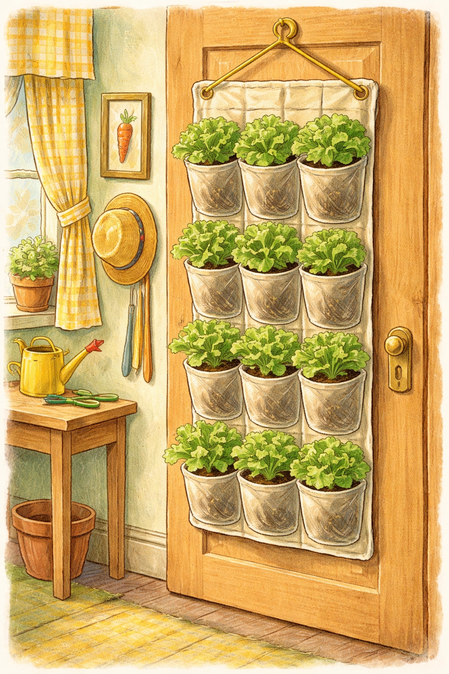 Hand-drawn image of a shoe organizer turned into a vertical lettuce garden on a door indoors