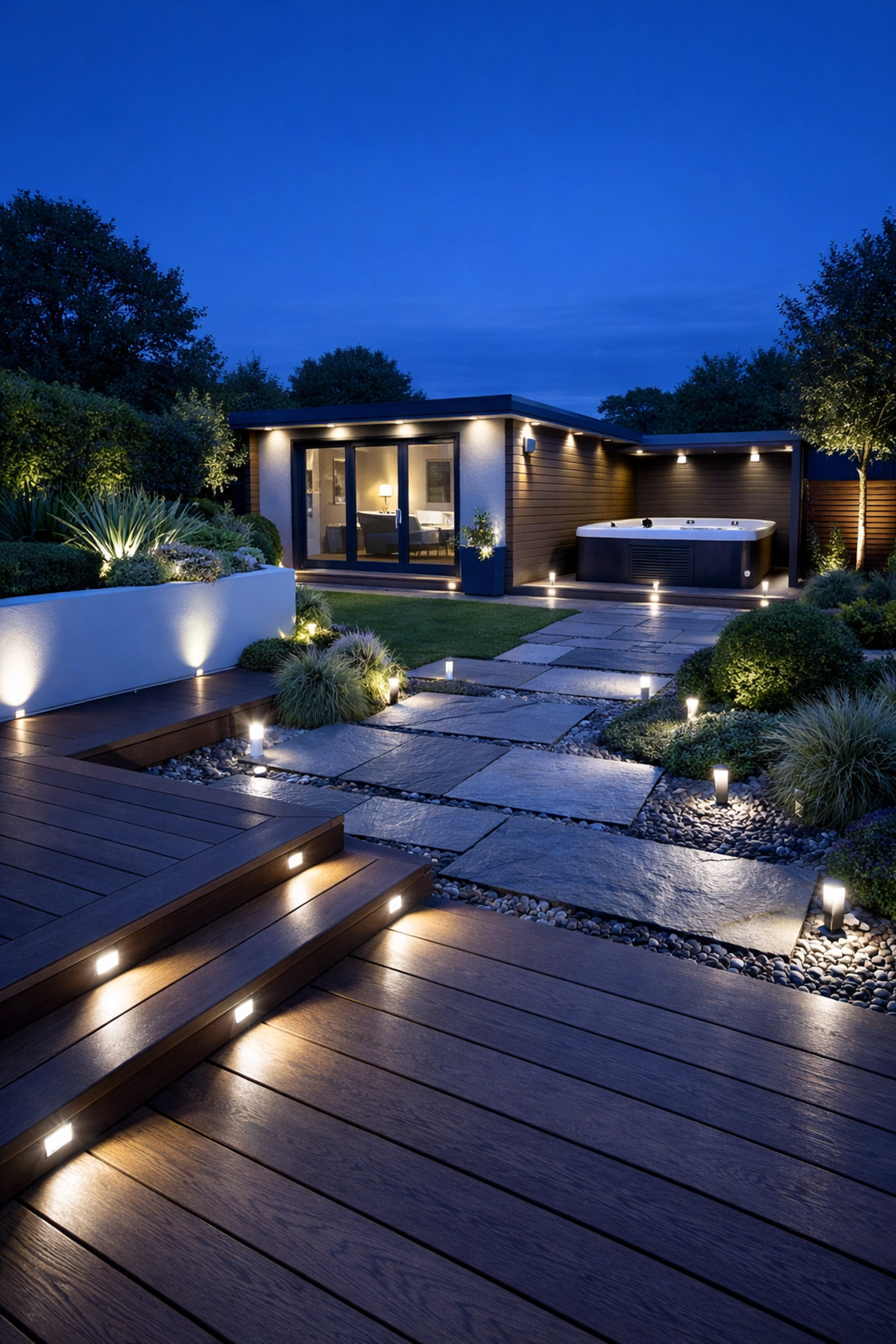 Professionally installed outdoor LED lighting in a Dorset garden deck ensuring electrical safety.