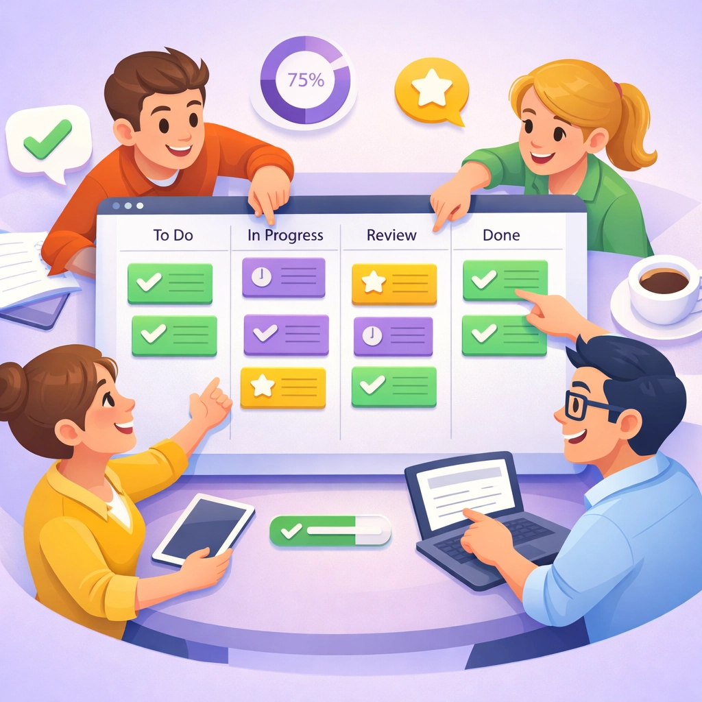 Team using centralized task management board to track projects and deadlines