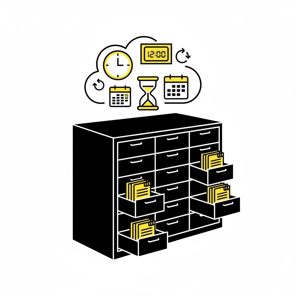 Black filing cabinet with open drawers holding yellow folders. Above are icons of clocks, a calendar, and an hourglass on a white background.