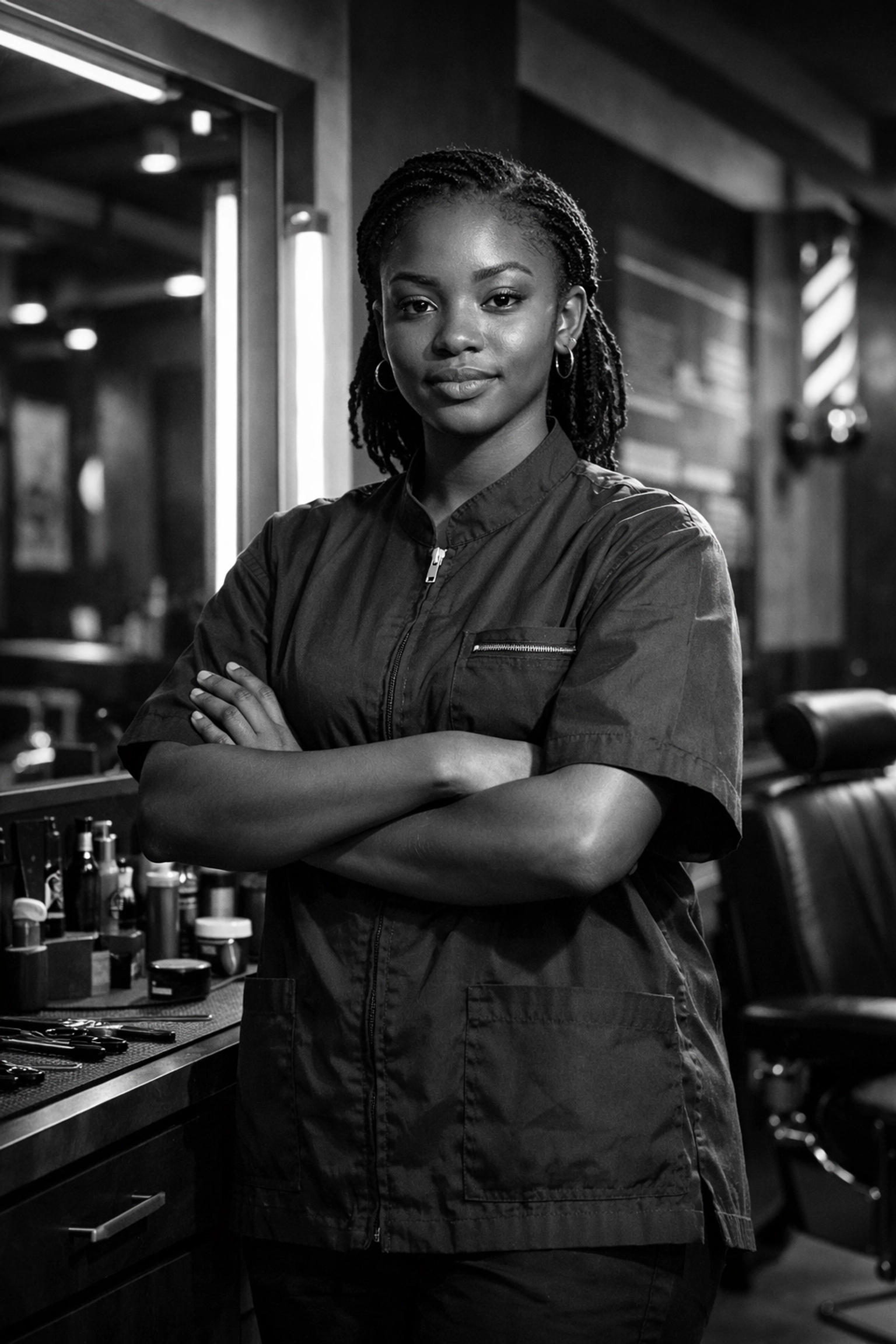Licensed professional barber graduate standing confidently in barbershop after completing Ohio training