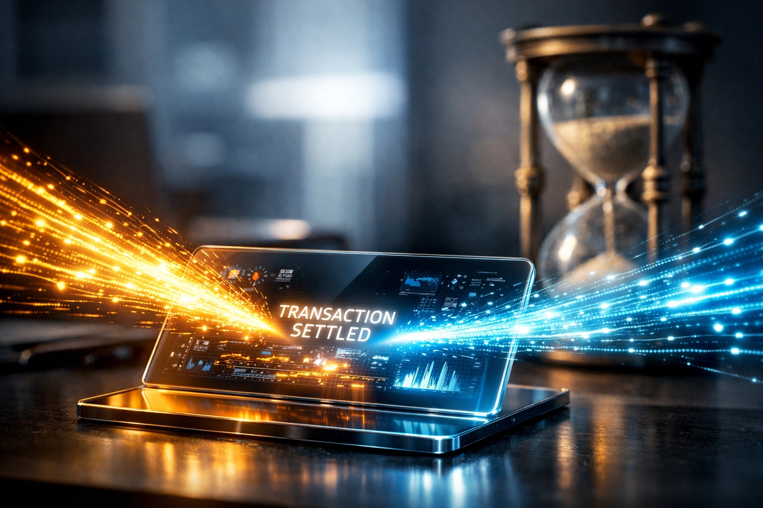 Instant Web3 payment settlement on a digital interface vs slow traditional banking speeds.