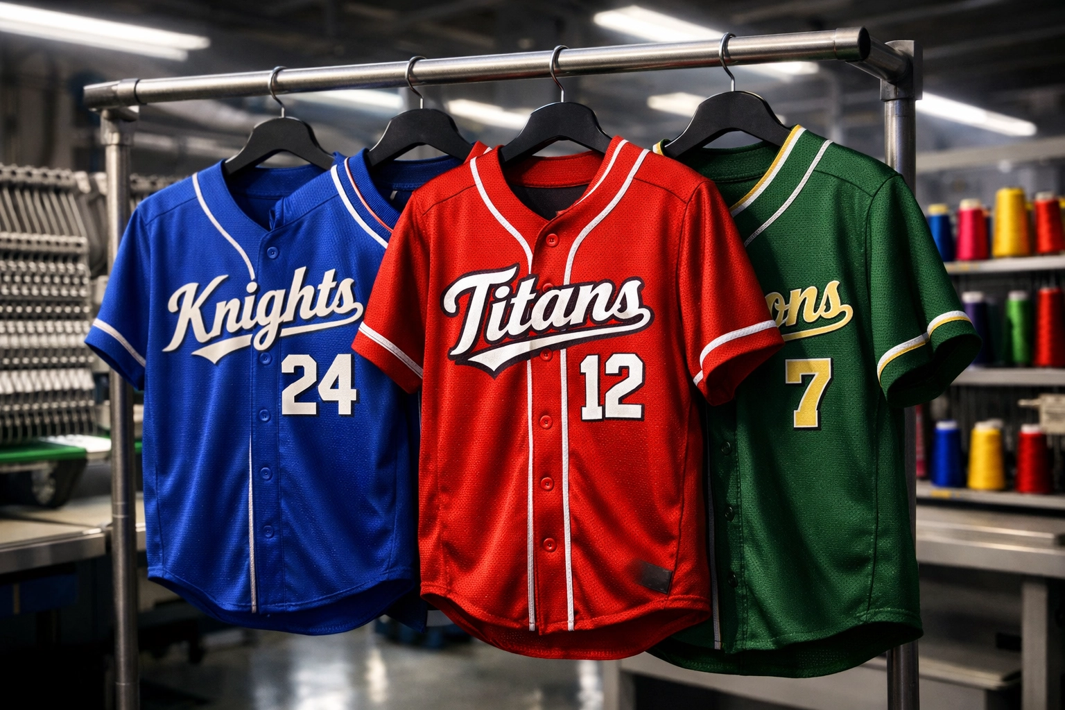 Custom baseball and softball jerseys in production facility showing team colors and made-to-order process