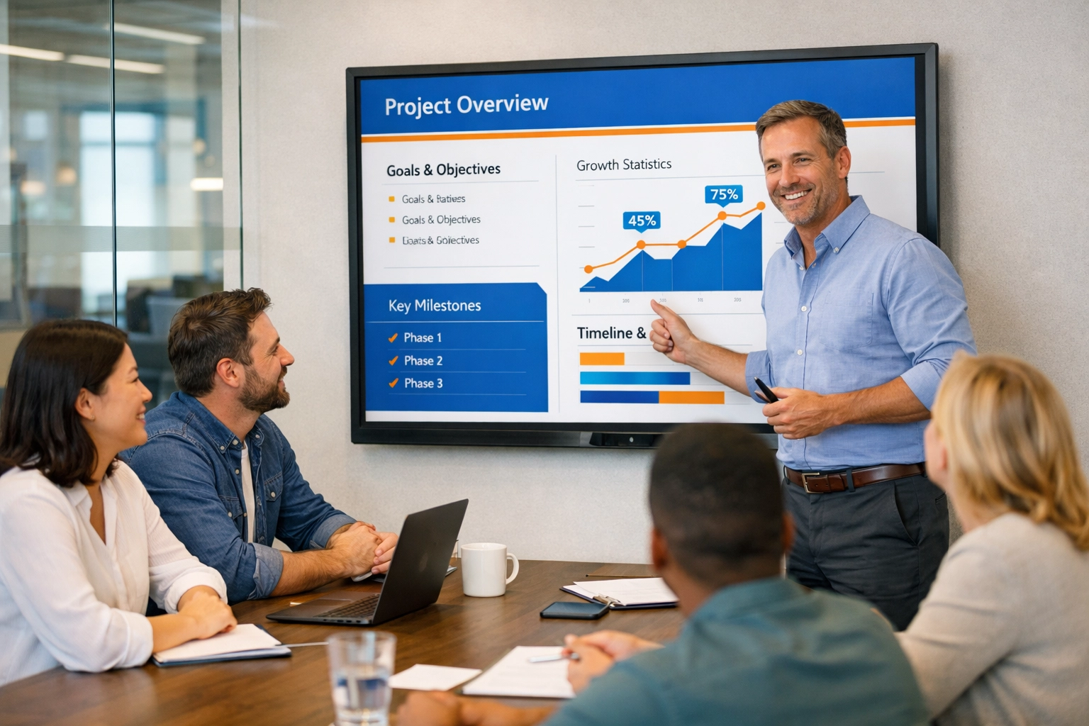 Project manager presenting a professional stakeholder communication deck to a team in a meeting.