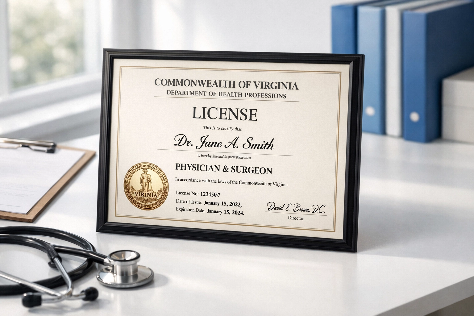 Virginia home care agency license certificate with stethoscope on desk