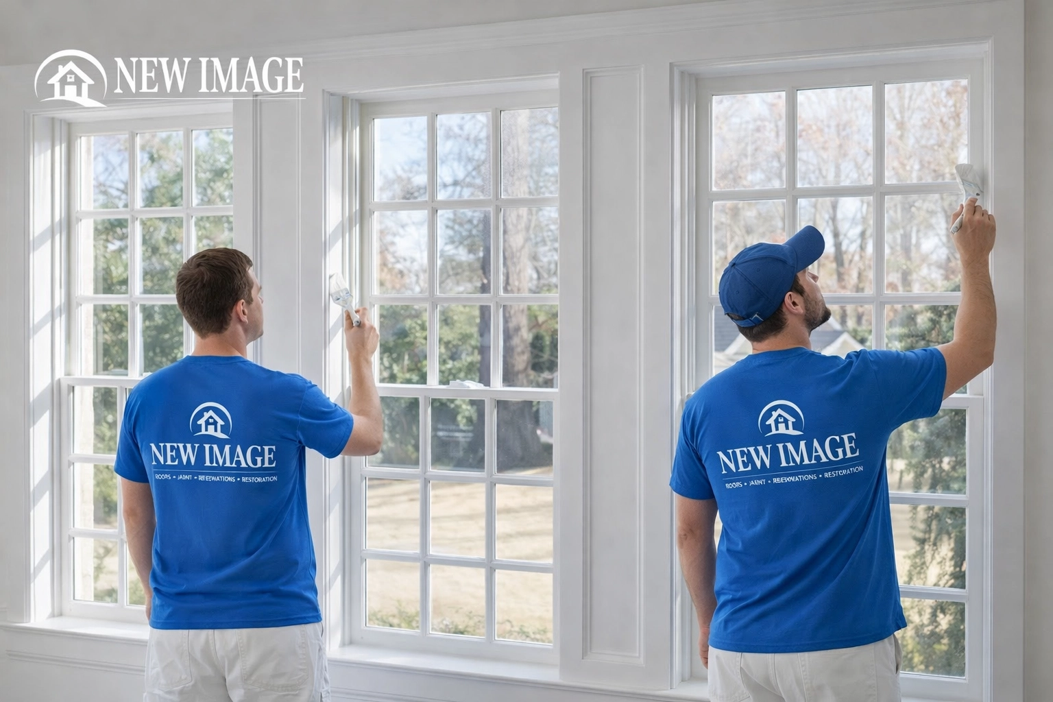 Painter removing tape to reveal crisp paint lines on a navy feature wall with white crown molding. A wide-angle view of a modern living room during the final stages of a New Image Painting project. The walls are clean and bright, the trim lines are sharp, and a crew member in an electronic blue shirt with the New Image logo is removing the final pieces of painter's tape. The New Image logo appears in the top left corner of the image, and the overall design is uncluttered and professional.