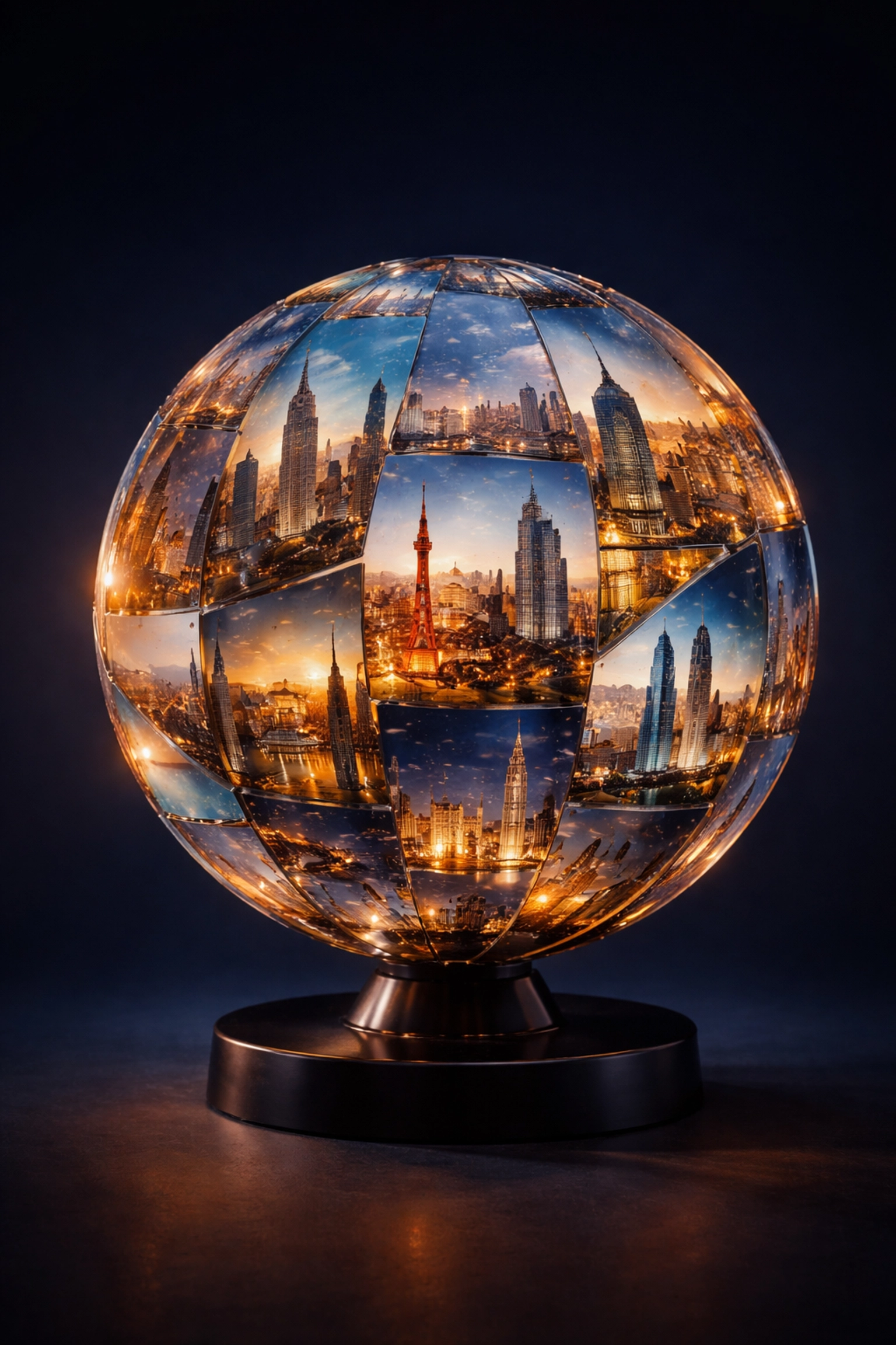 A glowing world globe with global cityscapes highlights international investment opportunities and geographic diversification.