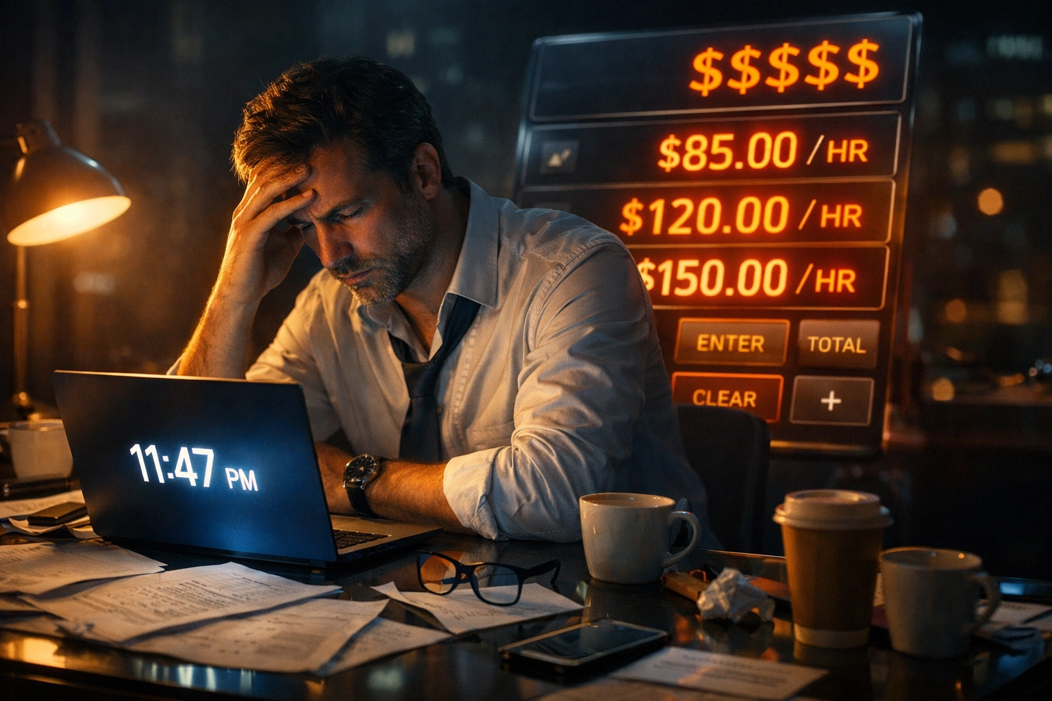Business owner calculating time cost and hourly rate while working late at desk