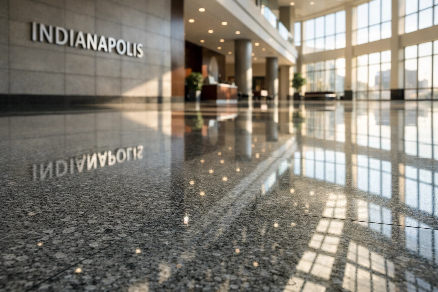 Polished granite floor in an Indianapolis commercial lobby after professional floor restoration.