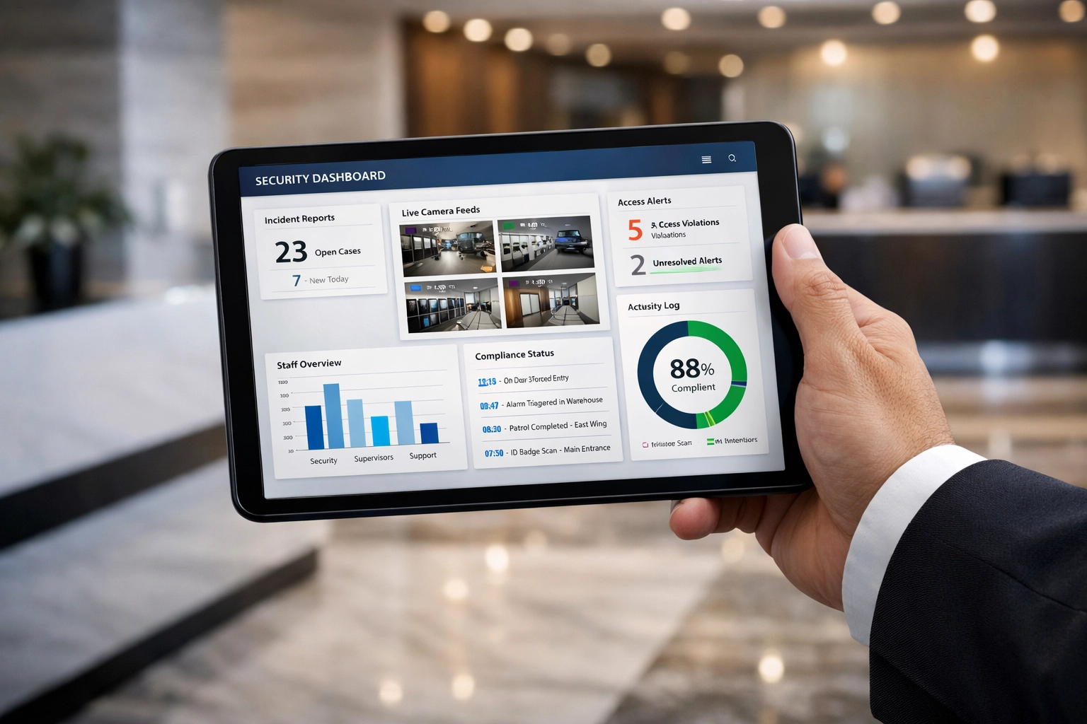 Modern digital dashboard used for tracking security compliance and SIA ACS standards.