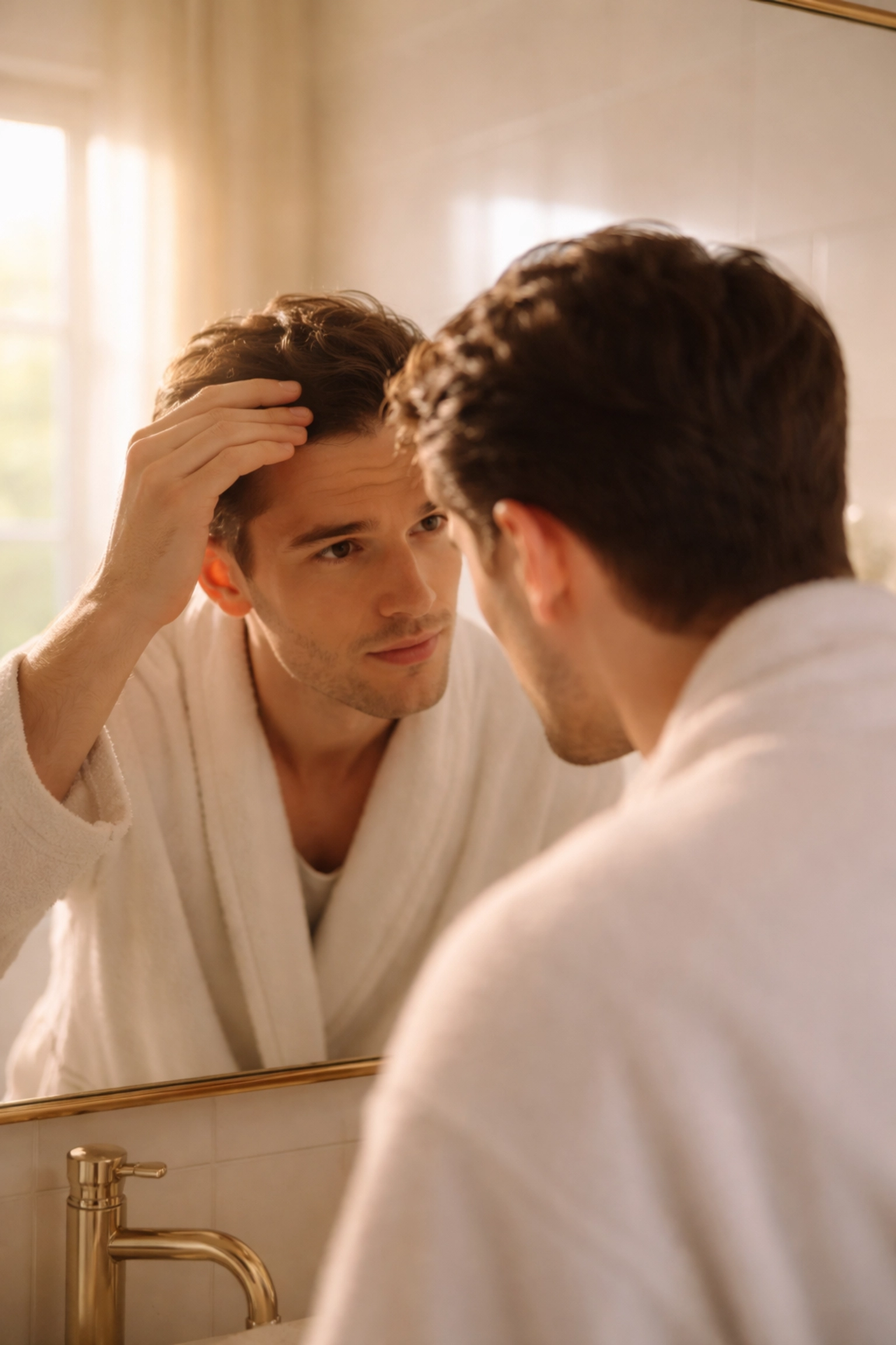 Person examining hairline in mirror, considering advanced hair restoration treatments in Boca Raton