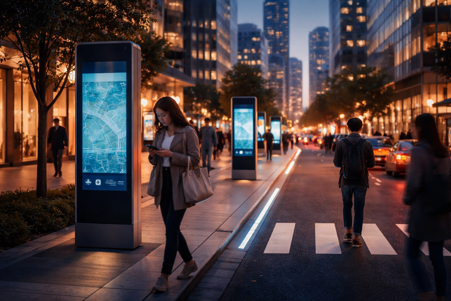 Smart city streetscape at dusk with digital kiosks and LED crosswalks showing urban IoT technology in action