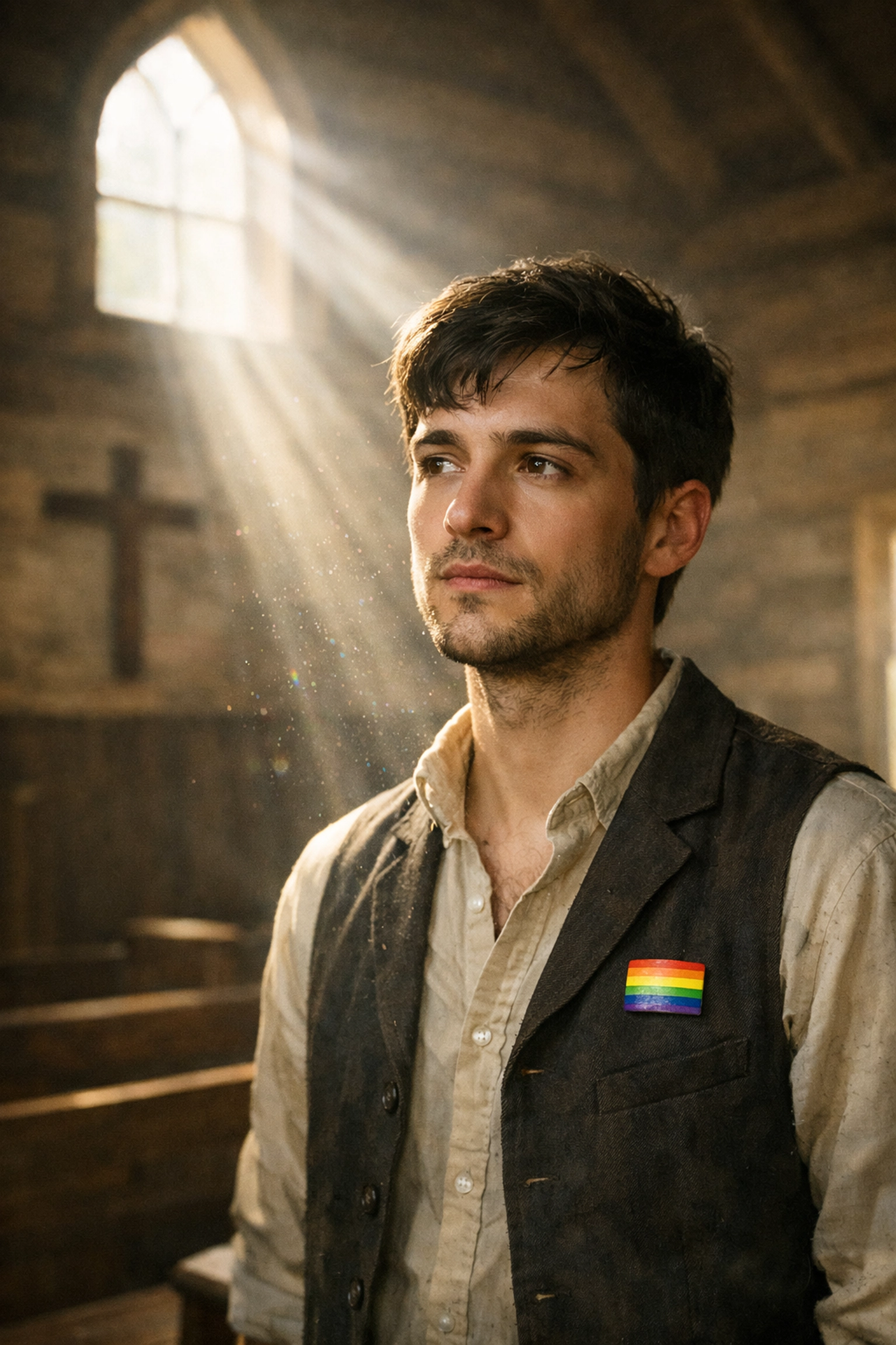 A young gay man in a rustic Appalachian church, illustrating the intersection of faith and queer identity.