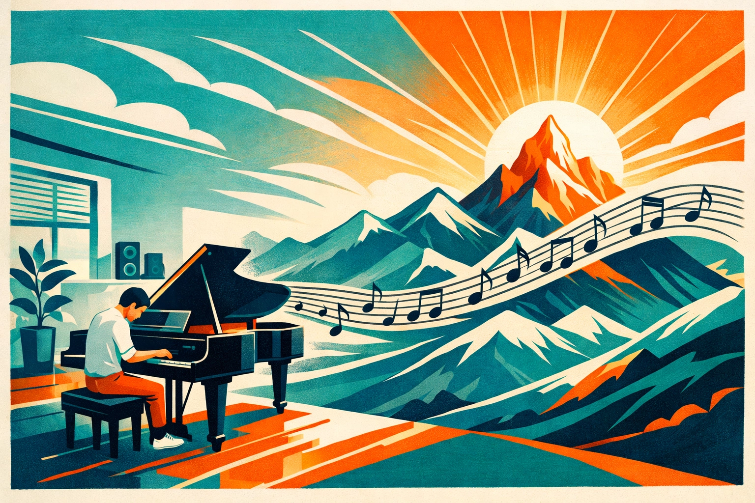 Stylized piano music notes forming mountain peaks to illustrate the narrative arc and musical climax.