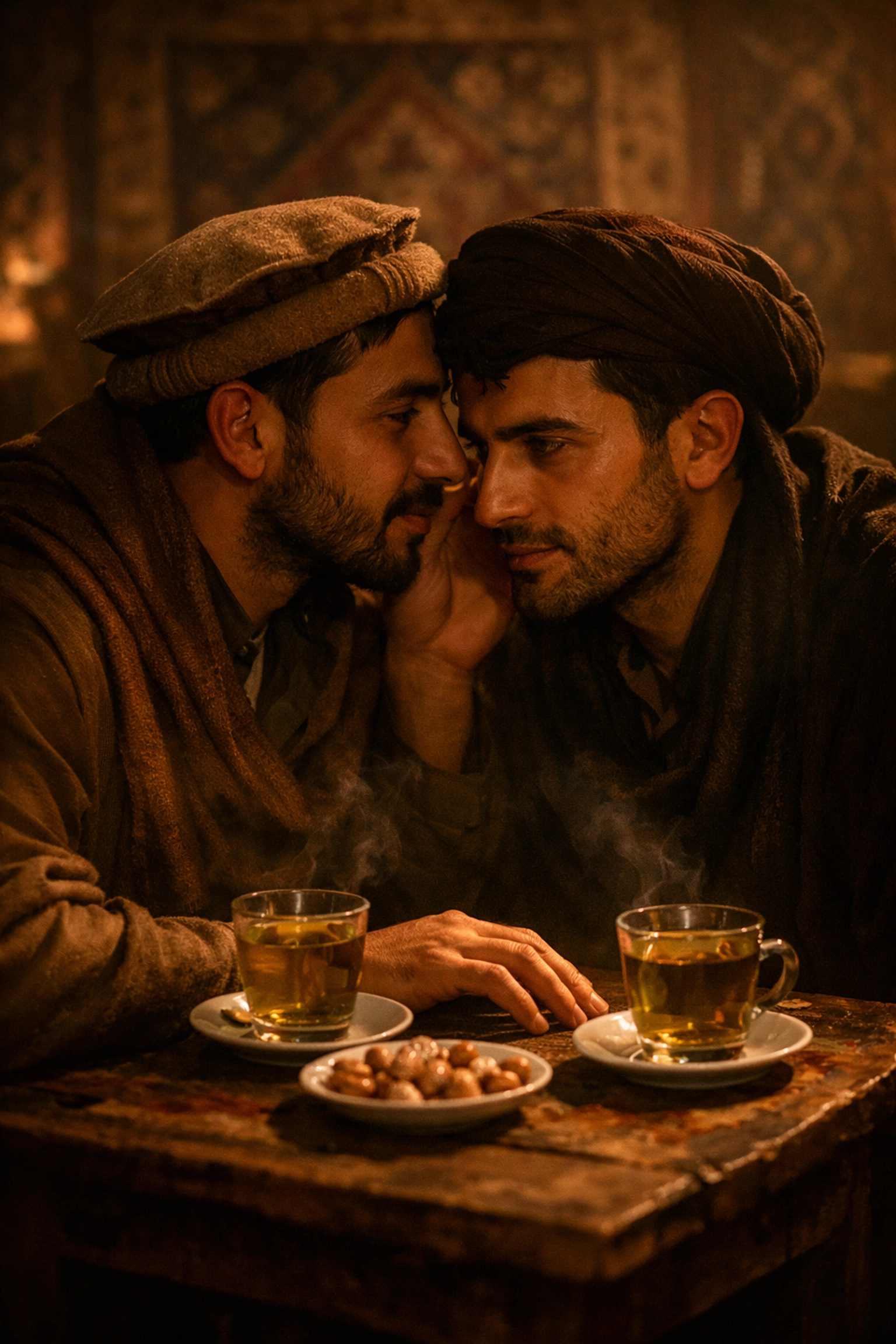 Two men in a Kabul tea house sharing a secret conversation, symbolizing early gay history in Afghanistan.