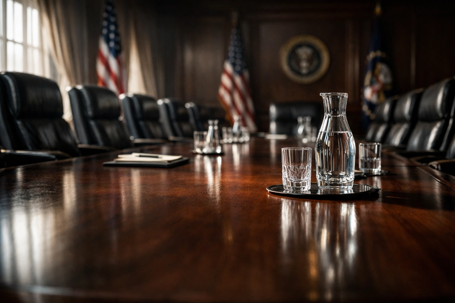 Empty government boardroom for high-stakes diplomatic and geopolitical oil trade negotiations.