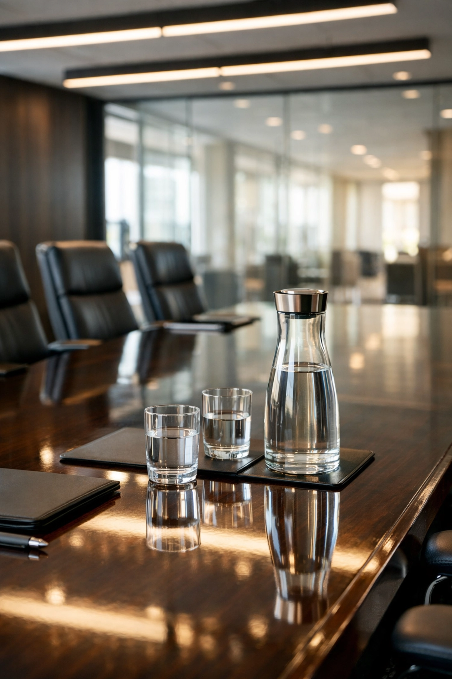 A spotless executive boardroom in Indianapolis with a polished conference table and clean glass walls.