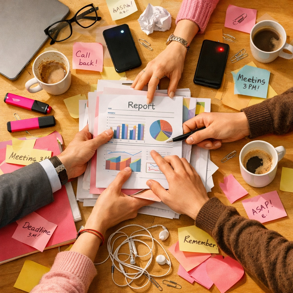 Chaotic office desk with team members reaching for documents showing poor communication