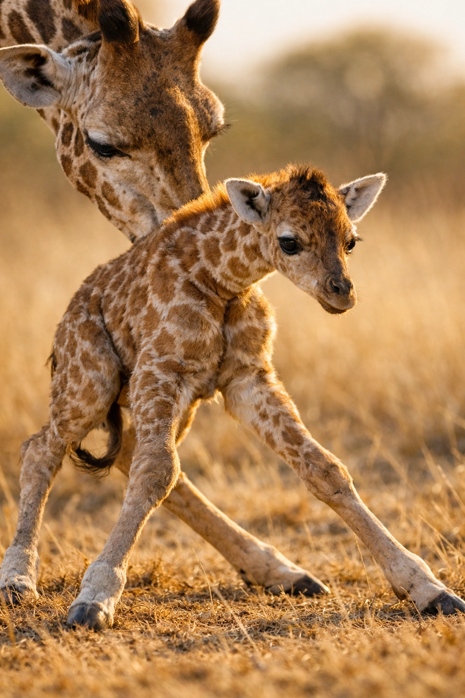 Baby giraffe calf taking its first steps in a sunny savanna for a milestone photography series.