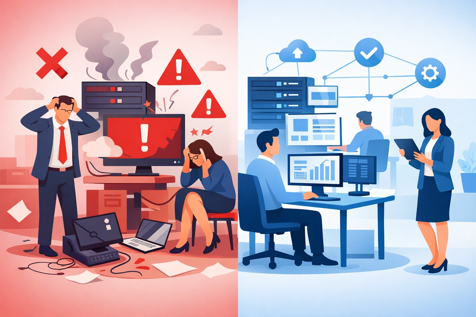 Comparison of chaotic break-fix IT support versus organized managed IT services in business environment