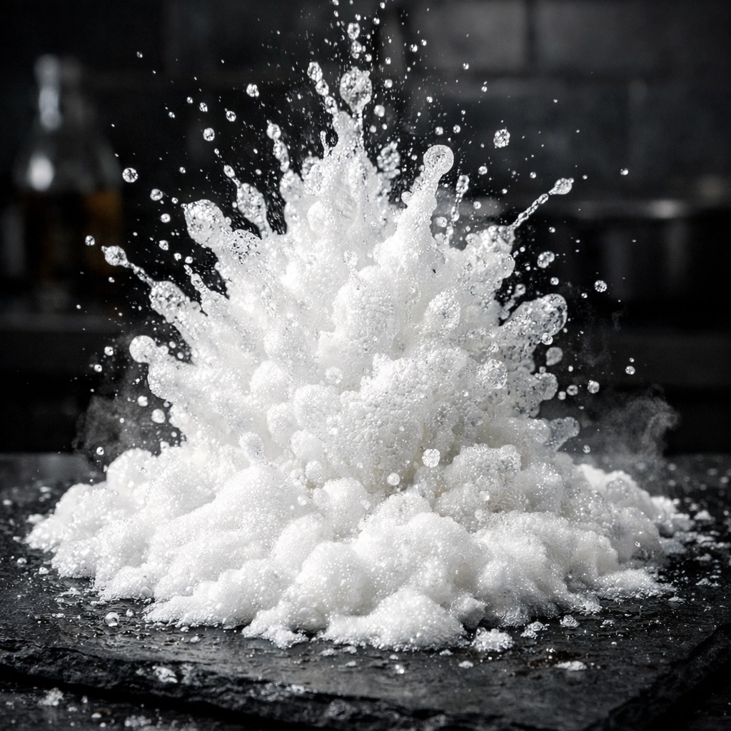 Macro view of the fizzing reaction between vinegar and baking soda for natural cleaning.