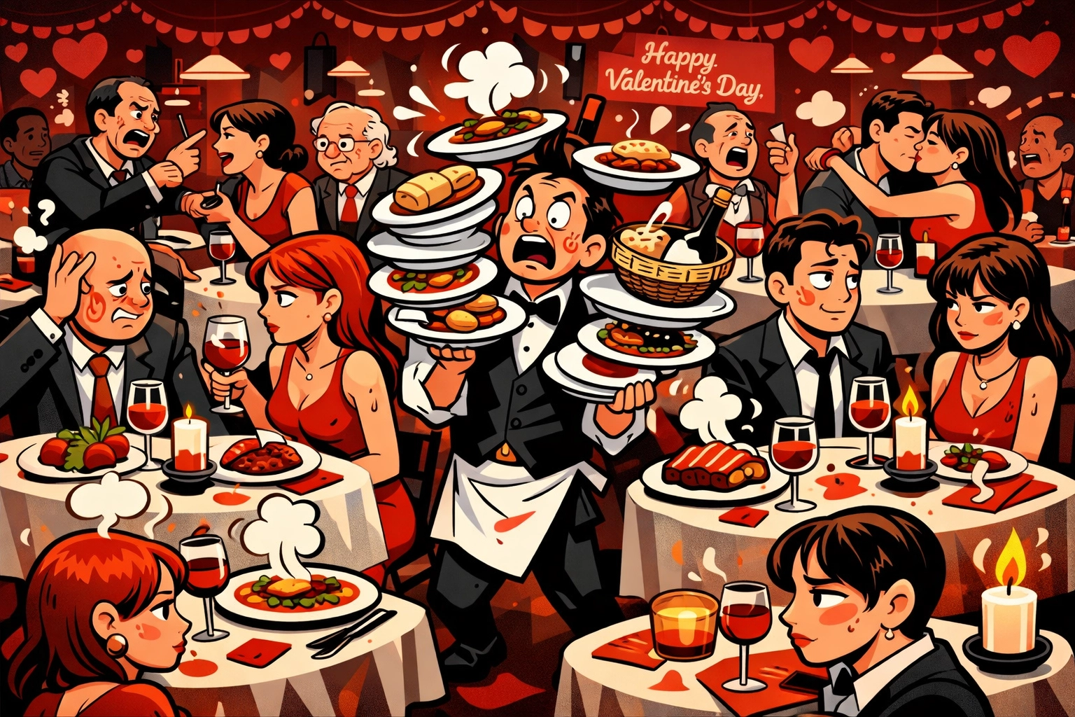 Overcrowded Valentine's Day restaurant showing awkward dinner date atmosphere