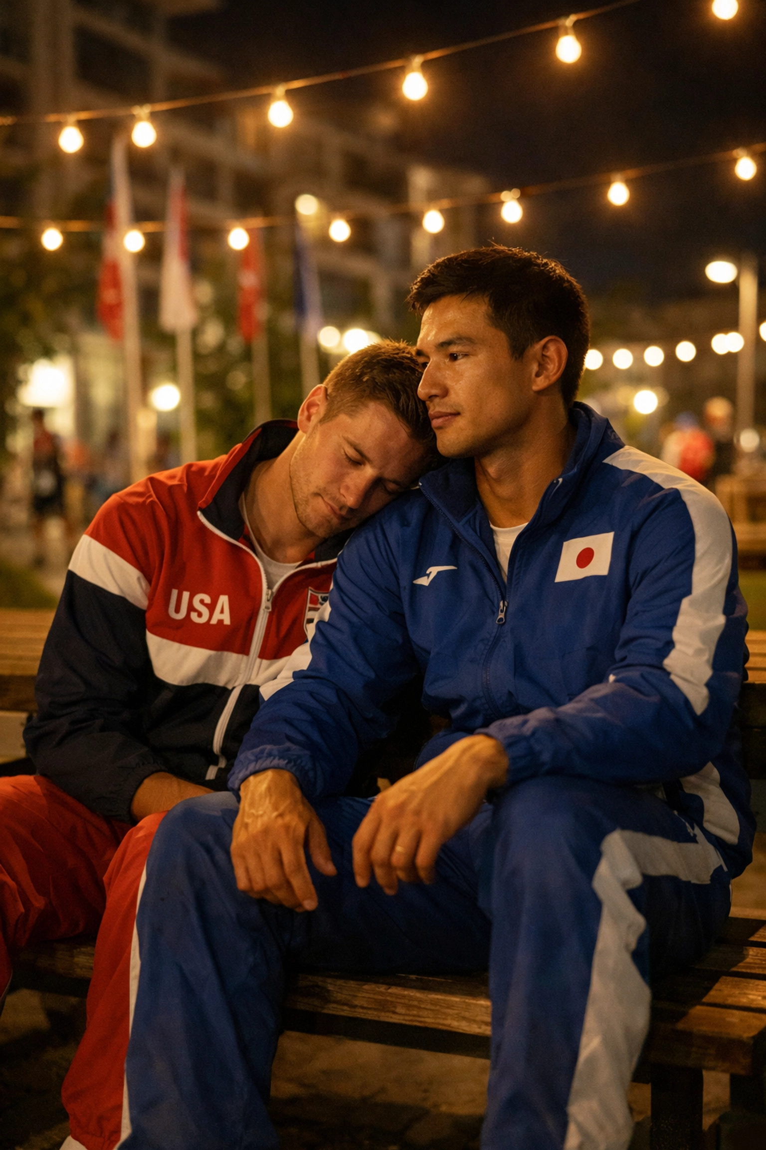 LGBTQ+ athletes from different countries embrace in Olympic Village courtyard