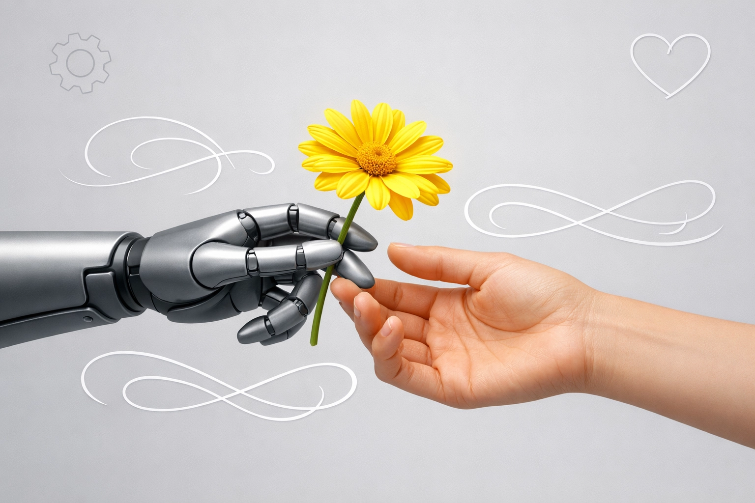 Robotic hand handing a daisy to a human hand to represent the human touch in personalized marketing.