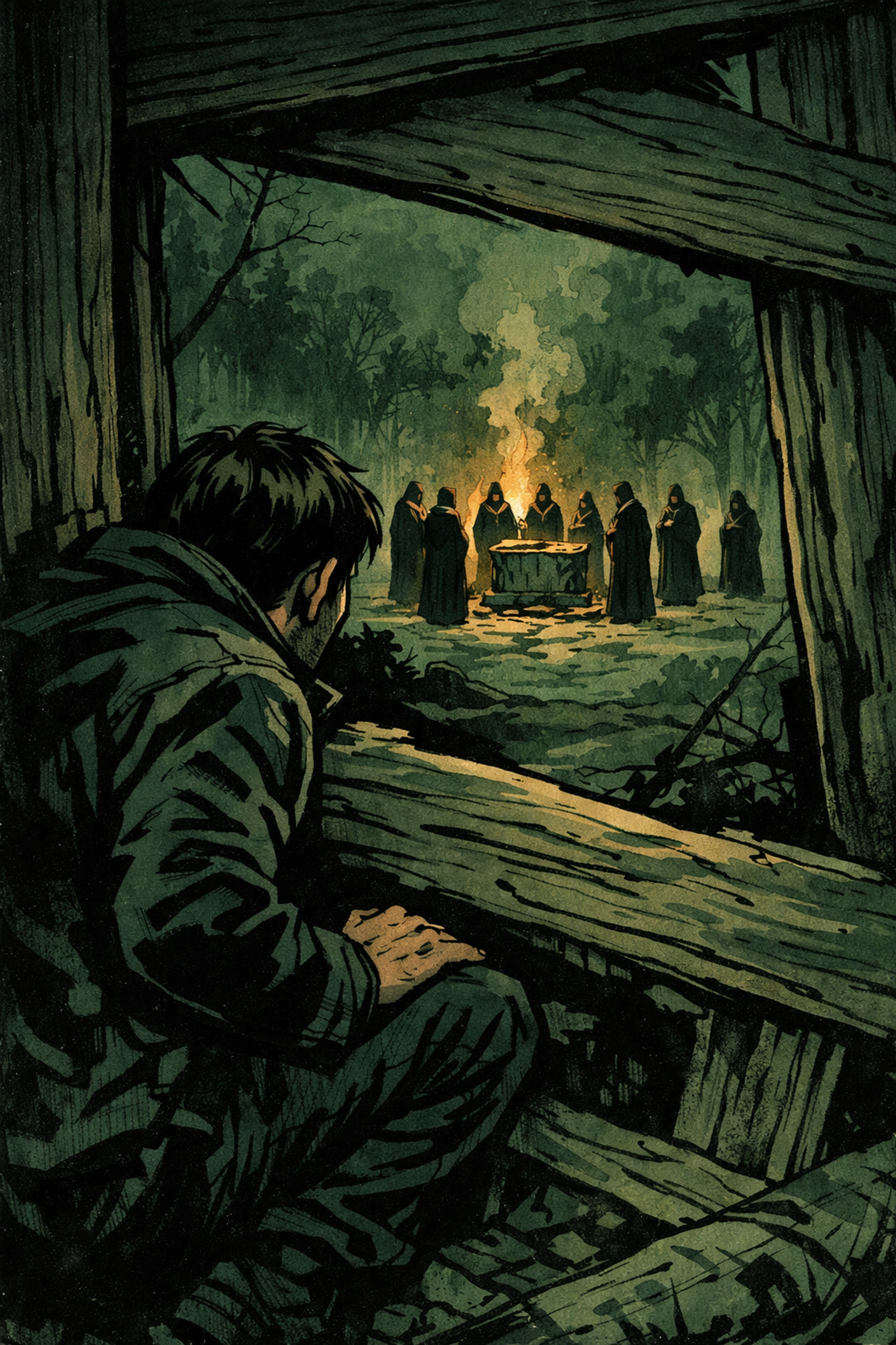 Protagonist secretly observing cult ritual in suspenseful MM romance infiltration scene