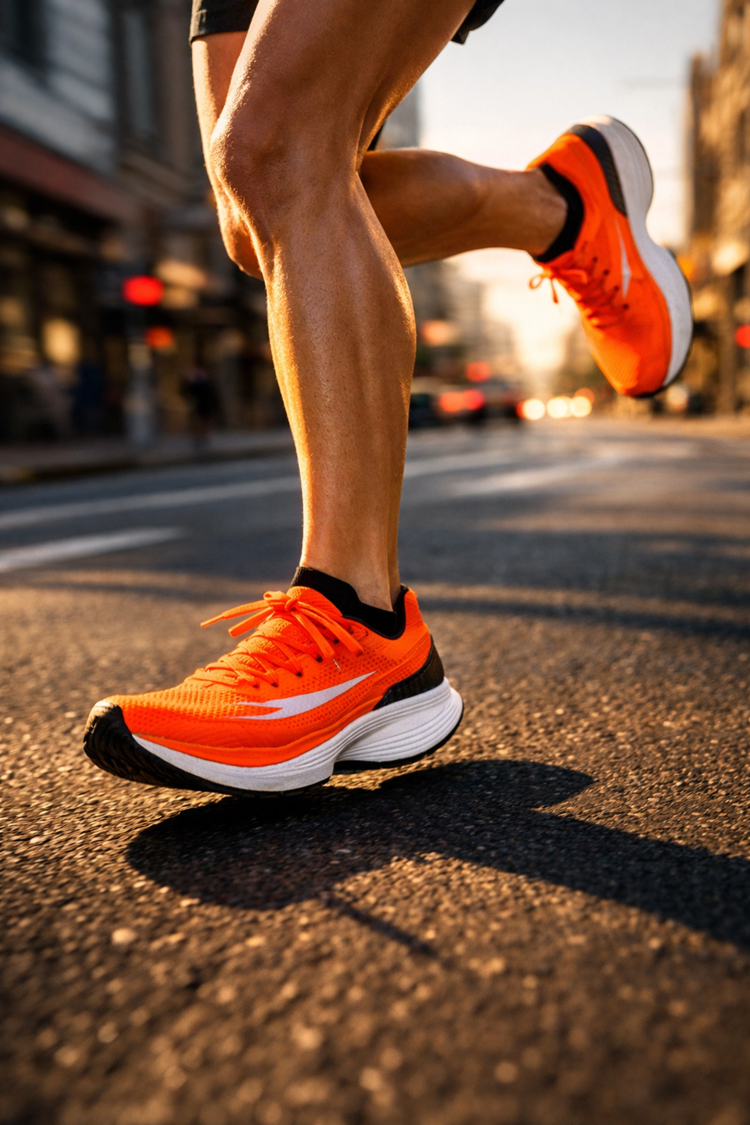 Runner wearing carbon-plated racing shoes mid-stride during a training run on city pavement, highlighting running biomechanics and forward-rolling stride