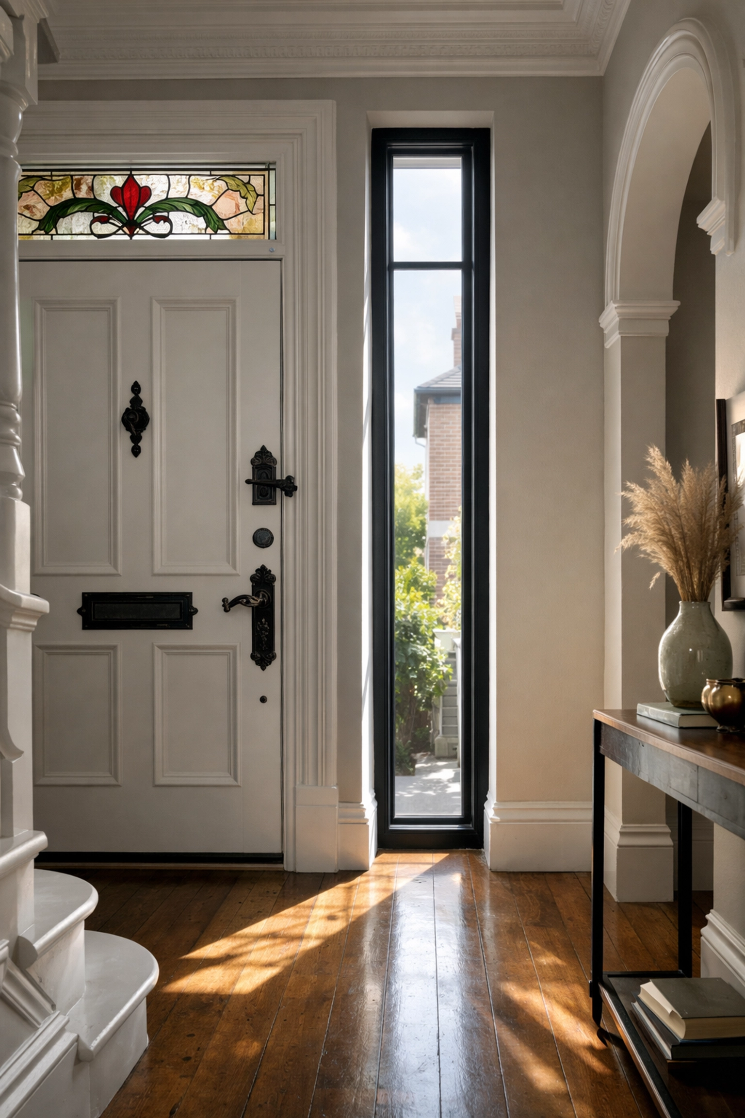 Slim black fixed secondary glazing unit fitted to a narrow hallway window in a Victorian home.