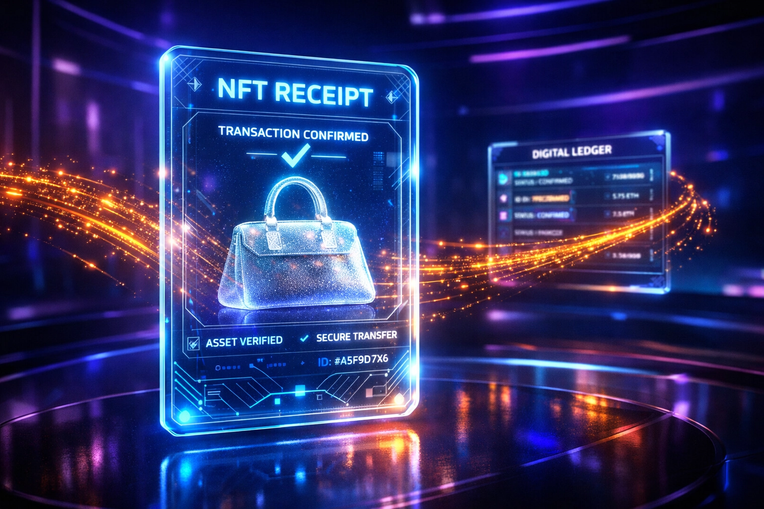 Secure holographic NFT receipt floating in a metaverse store, highlighting Larecoin Web3 shopping transparency.