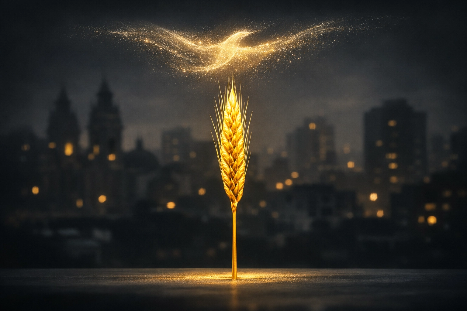 A symbolic golden wheat stalk against the Lima skyline representing a spiritual harvest in the city.