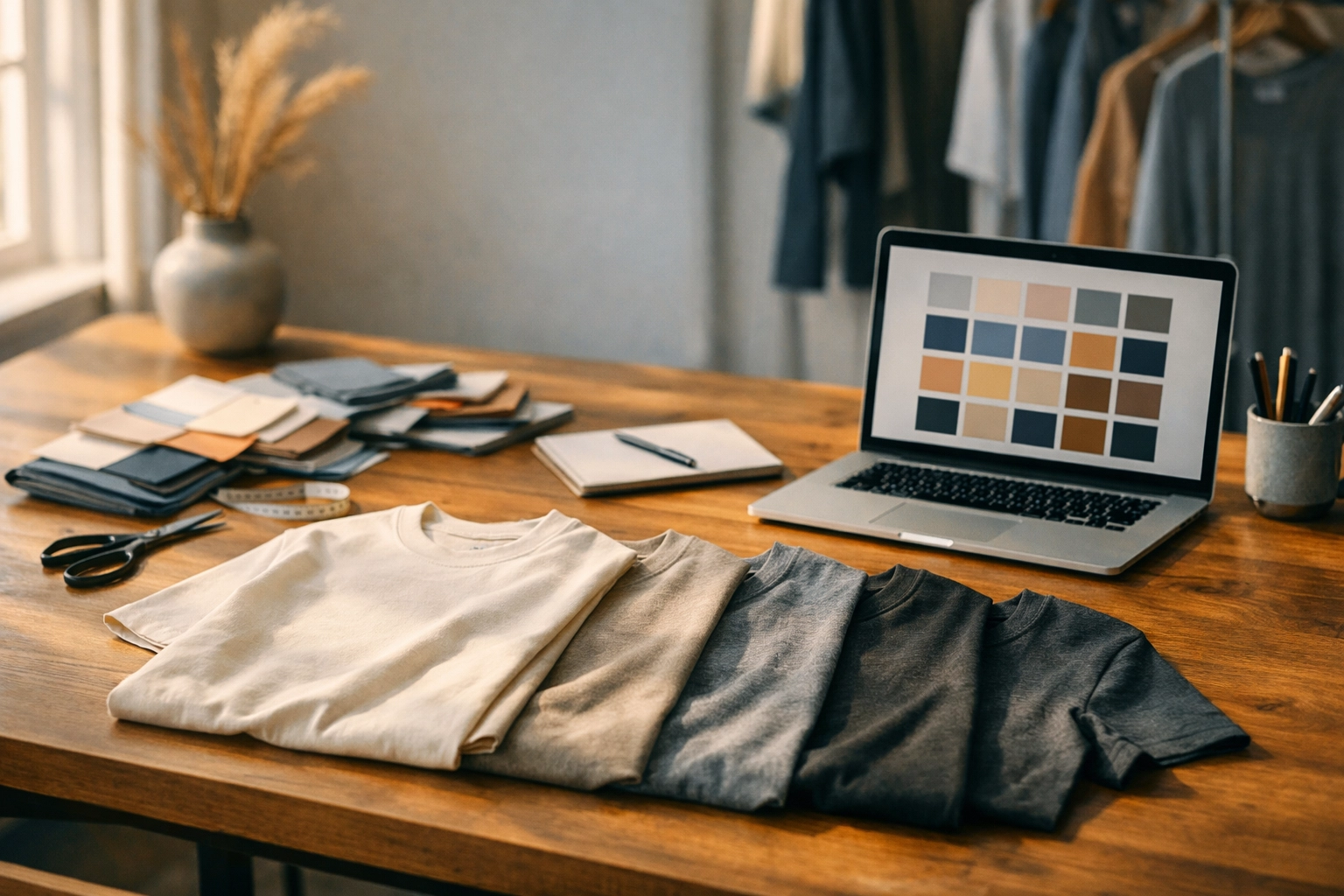 Retail workspace with curated midweight t-shirt samples and fabric swatches on wooden table