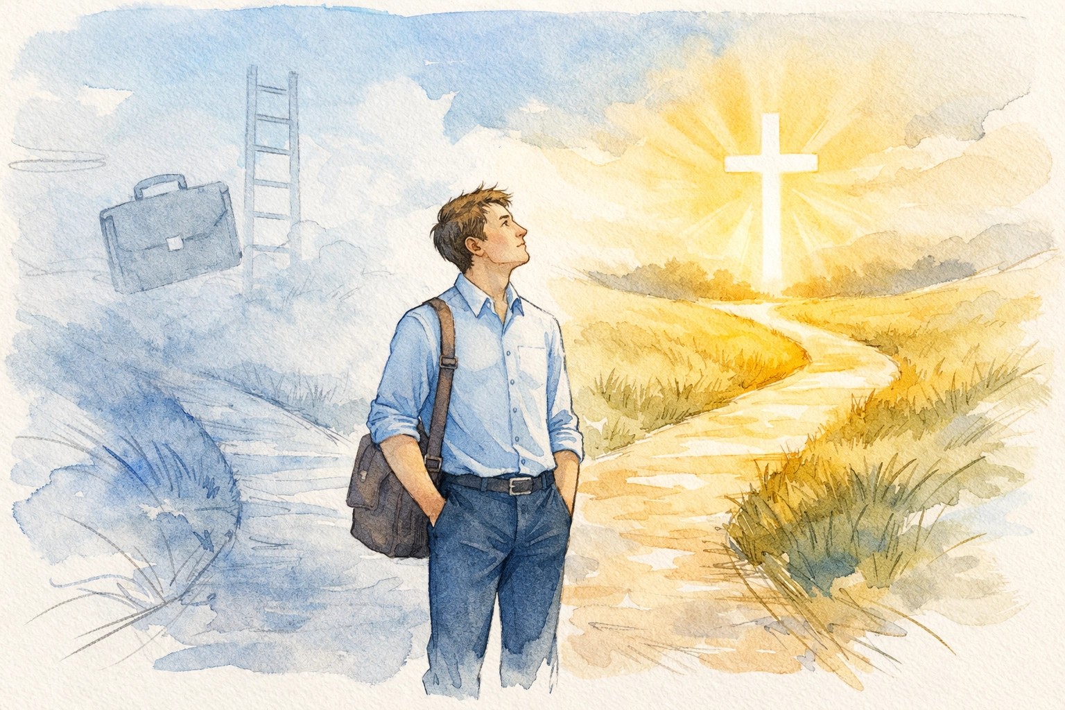 Young professional at crossroads choosing Christ over career identity and worldly success