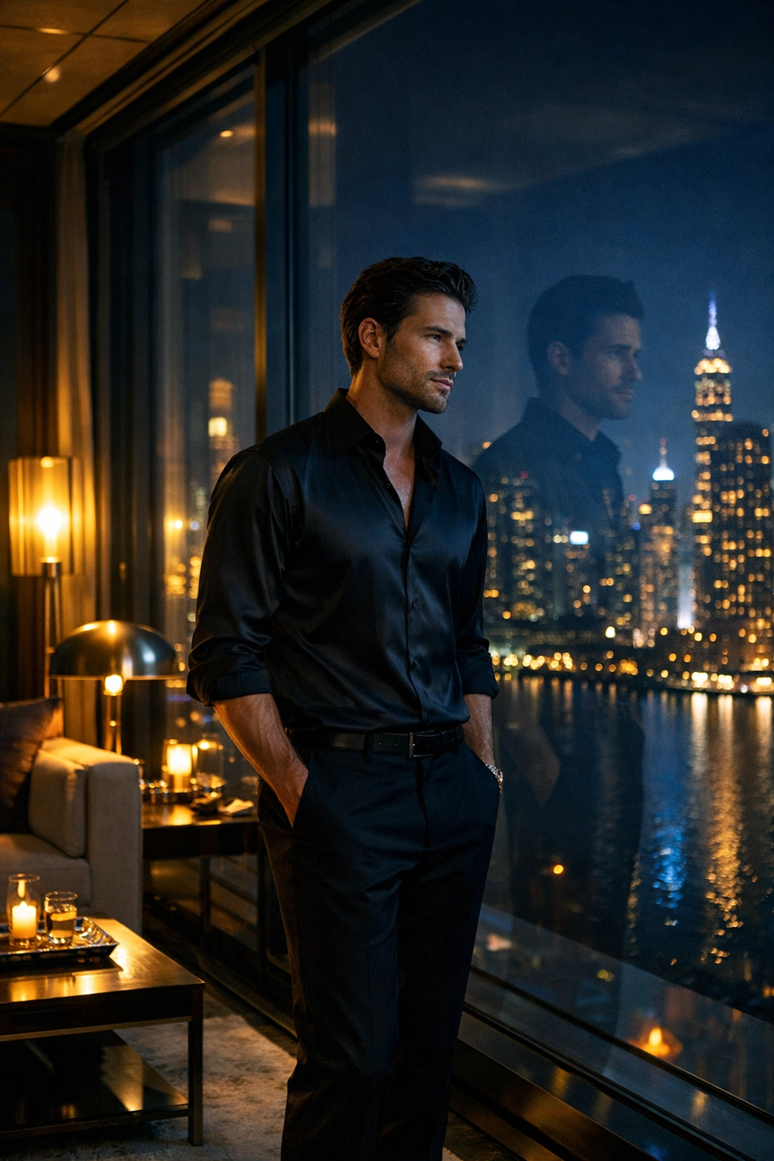 A lonely, well-dressed man in a high-rise penthouse, depicting the high-end escort trope in gay romance novels.