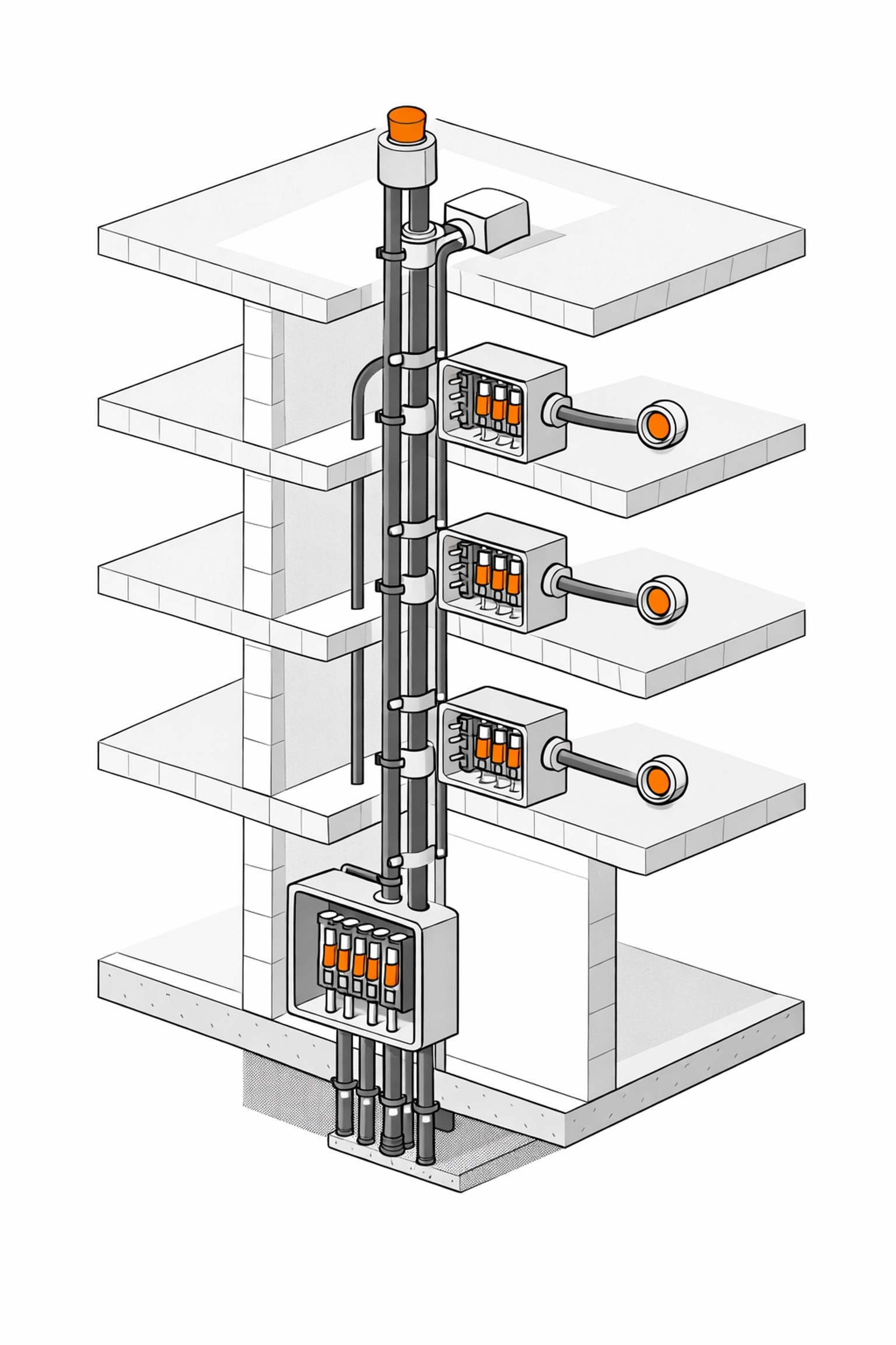 Technische Illustration einer Steigleitung zur Elektroprüfung in Wiener Altbauwohnungen.