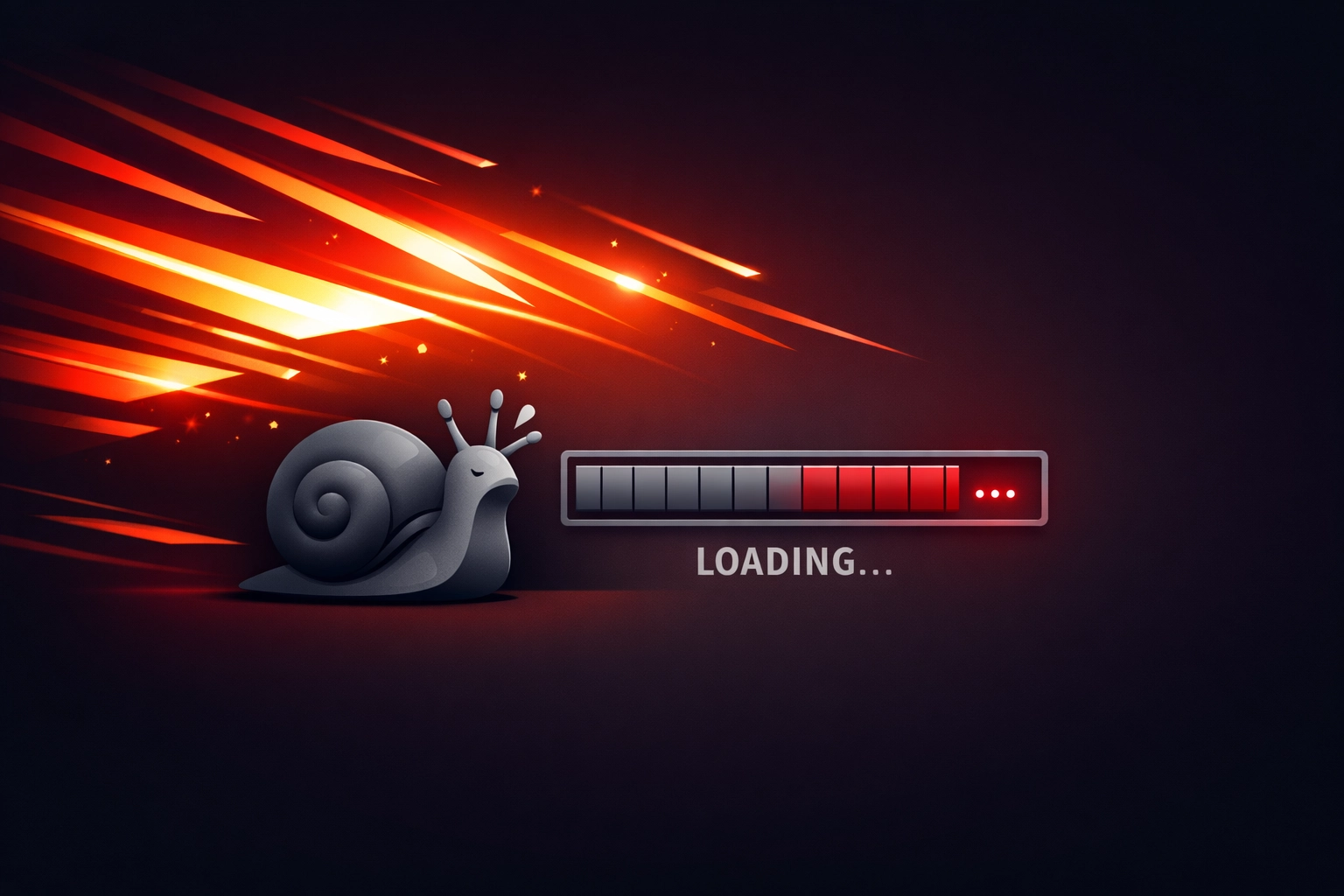 Snail next to a stuck loading bar representing slow trade website speed and poor search engine performance.