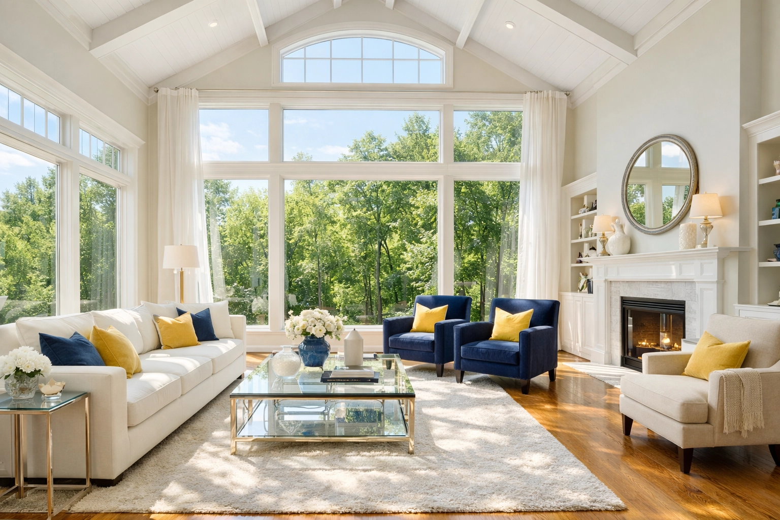 Sun-drenched luxury living room in Carlisle MA showing clean air after eco-friendly house cleaning.